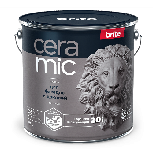 Краска для фасадов и цоколей BRITE CERAMIC для наружных и внутренних работ, матовая, база А 2.7 л