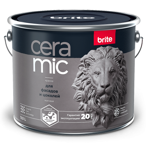 Краска для фасадов и цоколей BRITE CERAMIC для наружных и внутренних работ, матовая, база А 9 л