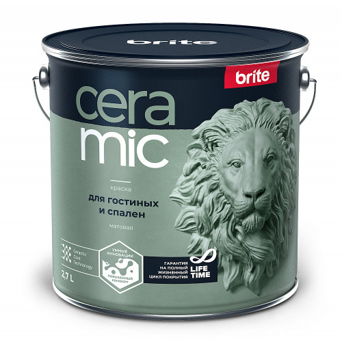 Краска BRITE CERAMIC для гостиных и спален, суперпрочная,  матовая антибликовая, база С 2.7 л