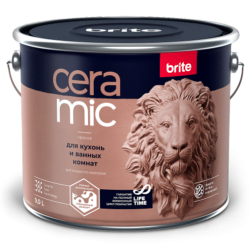 Краска для кухни и ванной BRITE CERAMIC акриловая суперпрочная шелковисто-матовая, база С 9 л
