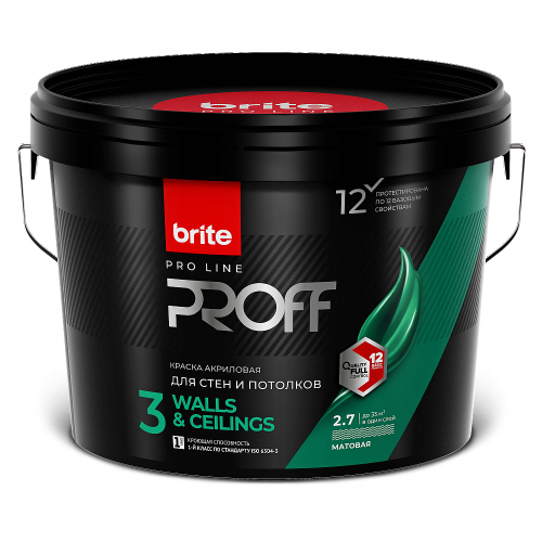 Краска для стен и потолков BRITE PROFESSIONAL акриловая, матовая база А, 2.7 л