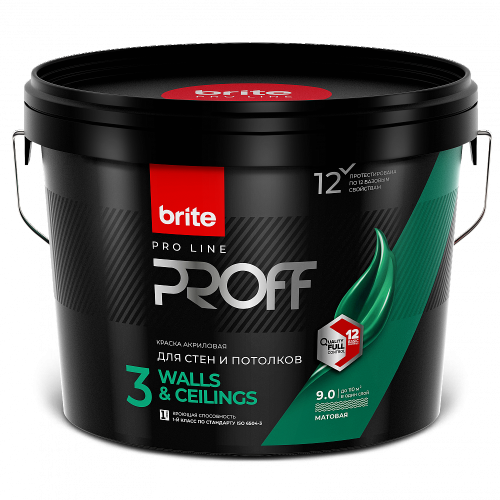 Краска для стен и потолков BRITE PROFESSIONAL акриловая, матовая база С, 9 л