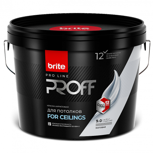 Краска для потолков BRITE PROFESSIONAL супербелое бархатистое, матовая база А 9 л