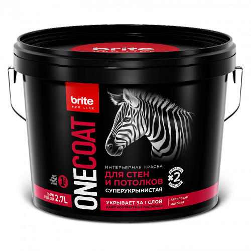 Краска для стен и потолков BRITE PROFESSIONAL ONE COAT высокоукрывистая матовая, белая база А 2.7 л