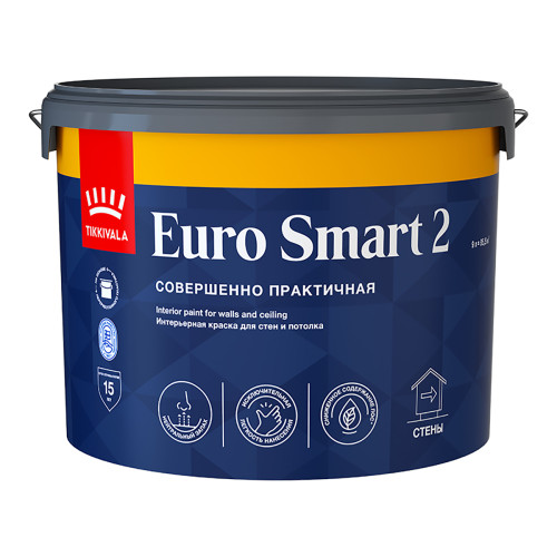 Краска интерьерная (Tikkurila) Tikkivala Euro Smart 2 для стен и потолков глубокоматовая 9 л
